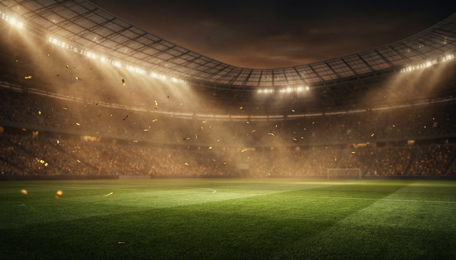 AI生成示意图:夜间非洲球场与飘落的金色纸屑,远处是球场顶棚